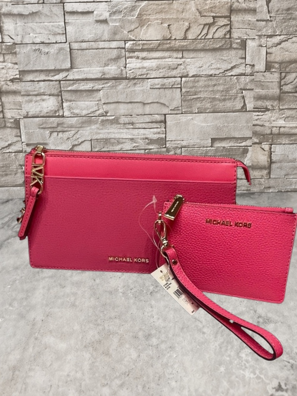 Michael Kors Pebble Leather Pouchette & Matching Wallet Camila Rose Pink